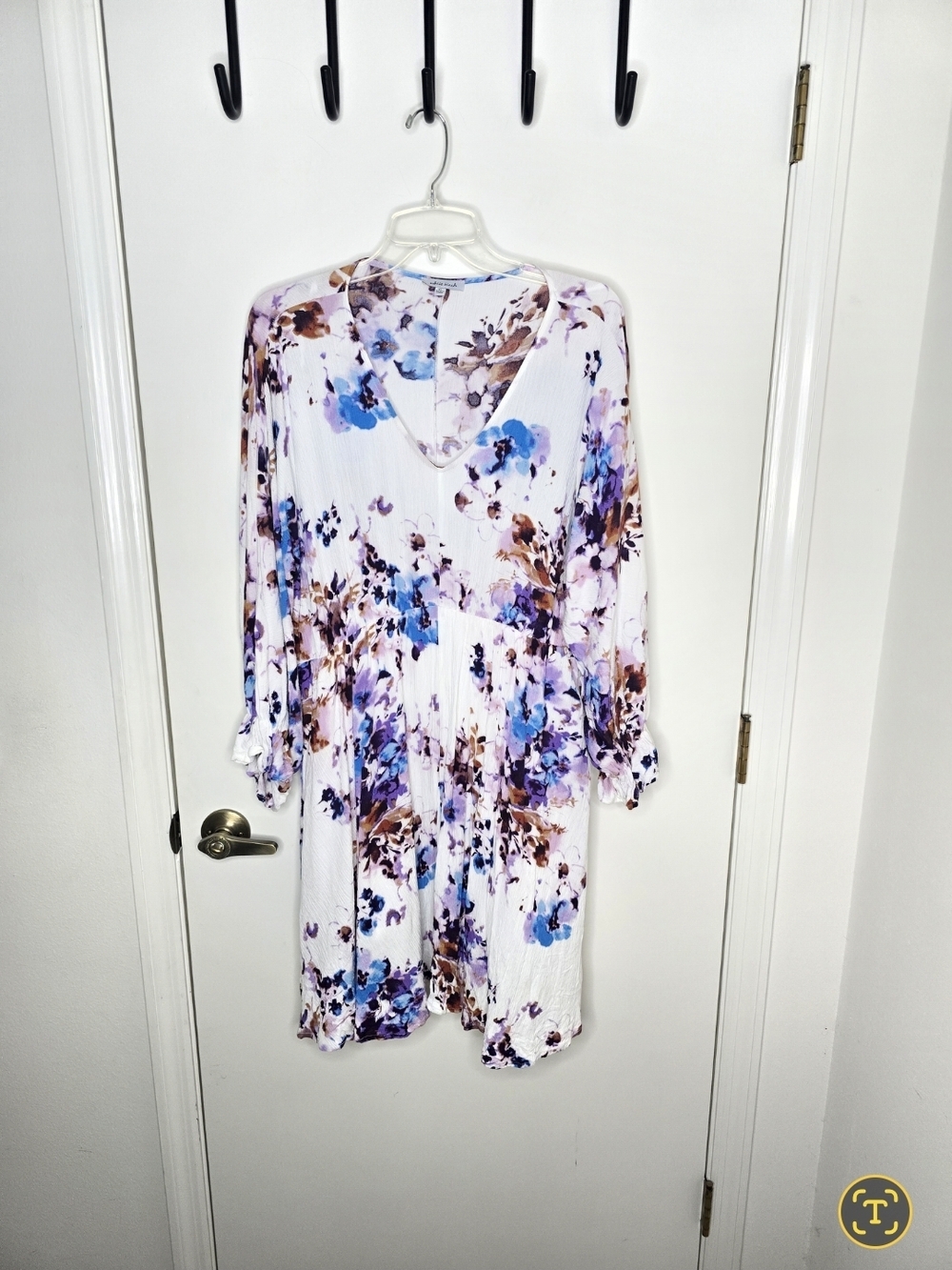 white birch White Floral V-Neck Tunic Dress with Blue & Purple Accents